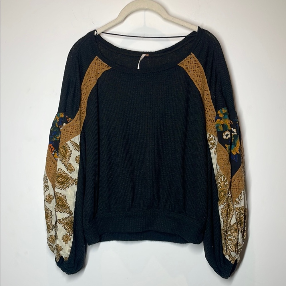 Freepeople Black Patchwork Balloon Sleeves  Top
